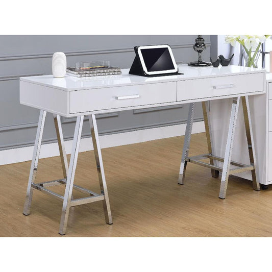 Coleen Modern Writing Desk with Chrome Legs and 2 Drawers in White Gloss Finish