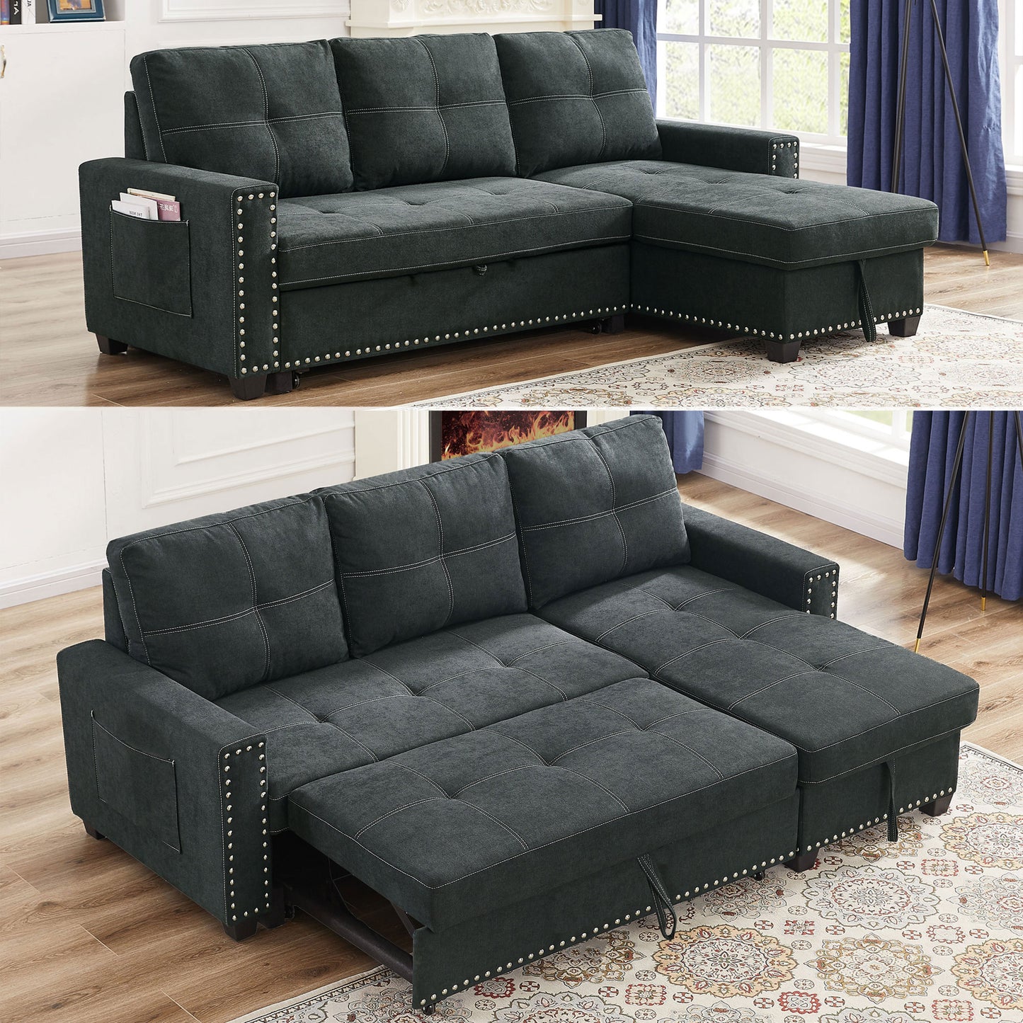 Sleeper Sofa Sectional with Reversible Storage Chaise and Side Storage Bag, Black Fabric, Modern Design