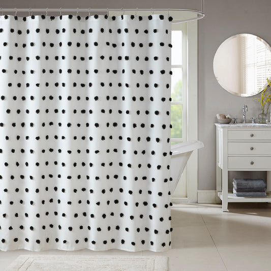 Black Cotton Shower Curtain with Soft Black Pom Pom Design