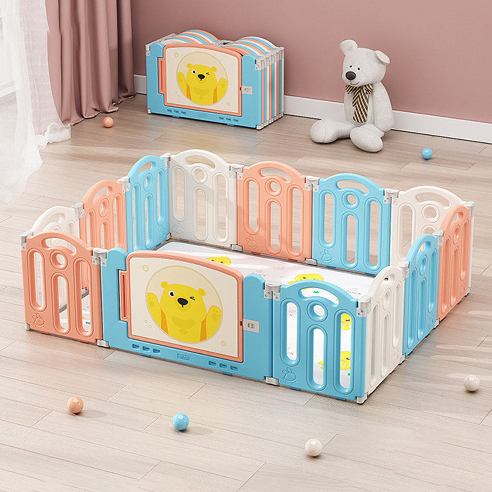 47.2inch x62.9inch Bear Macaron Color Foldable Playpen, Baby Safety Play Yard With Fence Indoor Toys With Play mat 12panel and 1 play mat