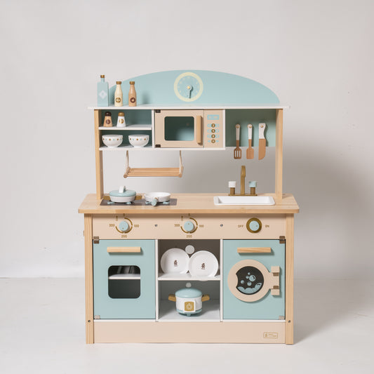 Toy Kitchen Set with Swing and Realistic Functionalities - Blue & Gold