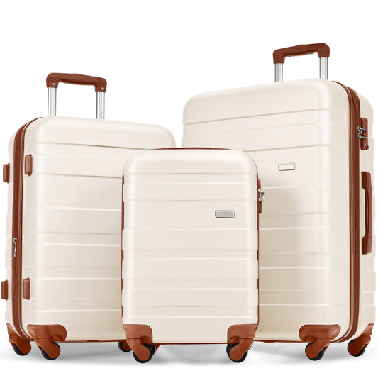 Luggage Sets New Model Expandable ABS Hardshell 3pcs Clearance Luggage Hardside Lightweight Durable Suitcase sets Spinner Wheels Suitcase with TSA Lock 20''24''28''(ivory and brown)