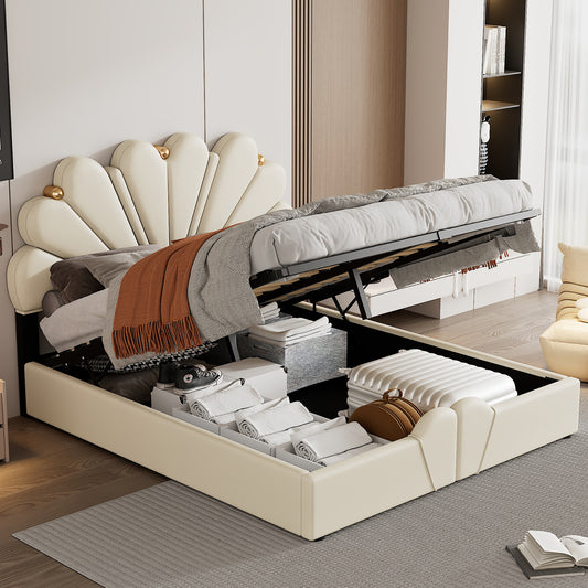 Queen Size Upholstered  Petal Shaped Platform Bed  with Hydraulic Storage System, PU Storage Bed, Decorated with metal balls, Beige