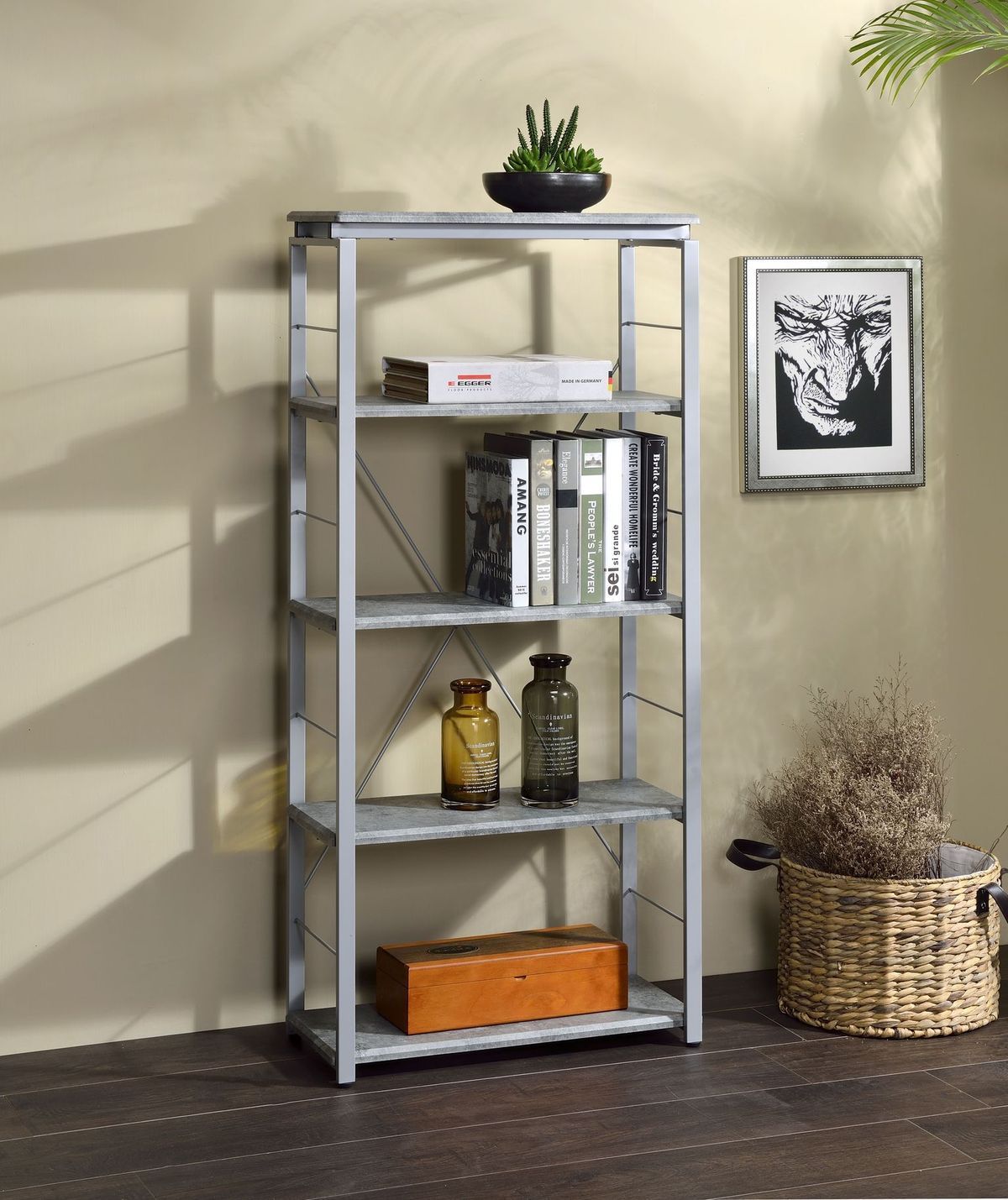 Jurgen Bookshelf, Faux Concrete & Silver 92907