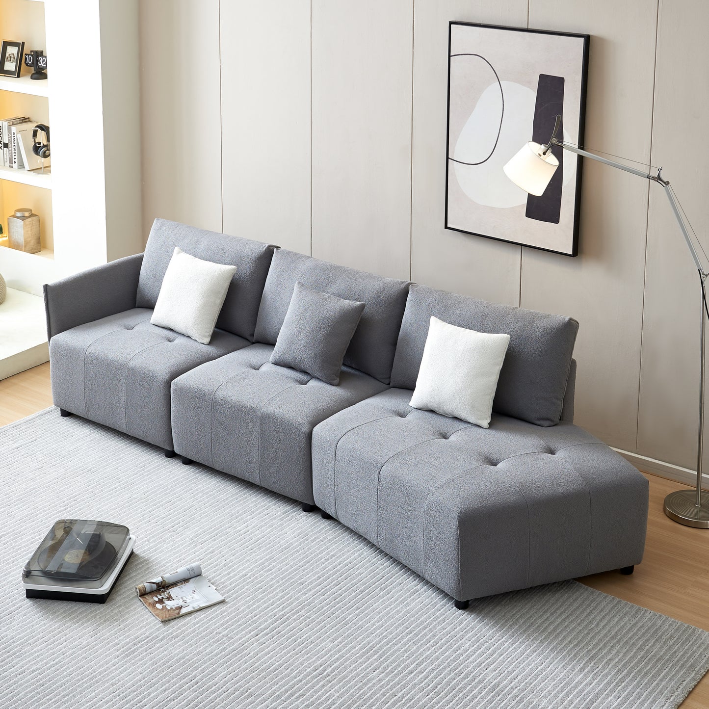 120'' Gray Teddy Fabric Sectional Sofa with Chaise and Movable Pillows