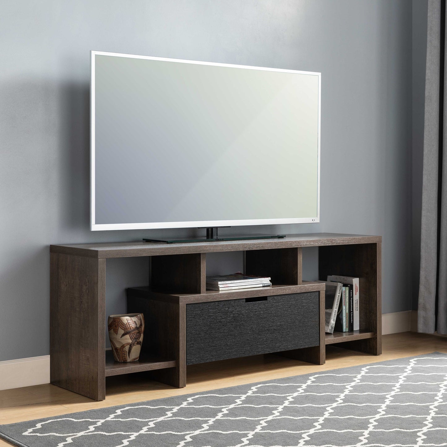 Modern TV Stand with Drawer and Open Shelves in Two-Tone Design