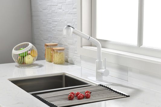 in White Pull-Out Sprayer Kitchen Faucet In Stainless with Deck Plate