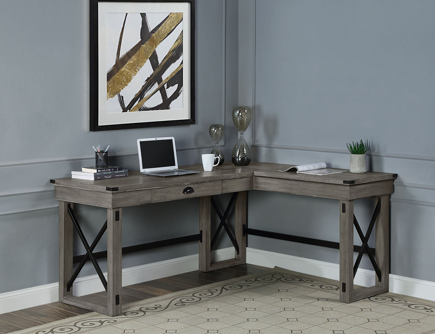 L-Shaped Talmar Writing Desk with Lift Top in Distressed Gray Finish