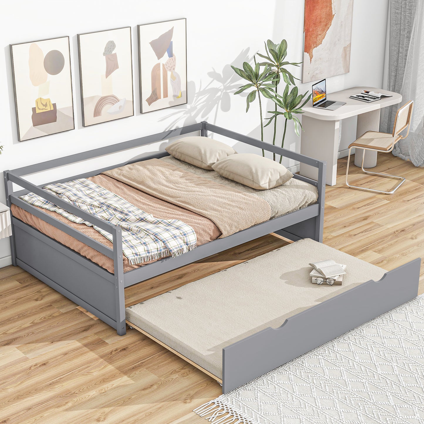 Twin Size Wood Daybed with Twin Size Trundle, Gray(Expected Arrival Time: 1.7)