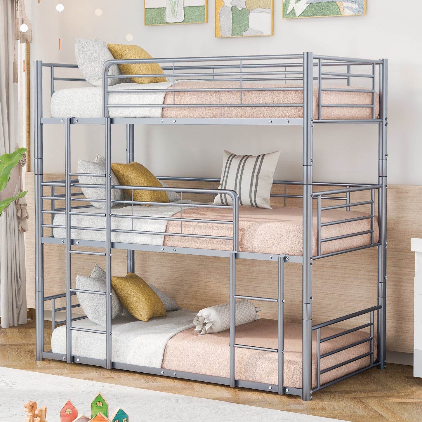 Twin-Twin-Twin Triple Bed with Built-in Ladder, Divided into Three Separate Beds,Gray(OLD SKU:LP000197AAE)