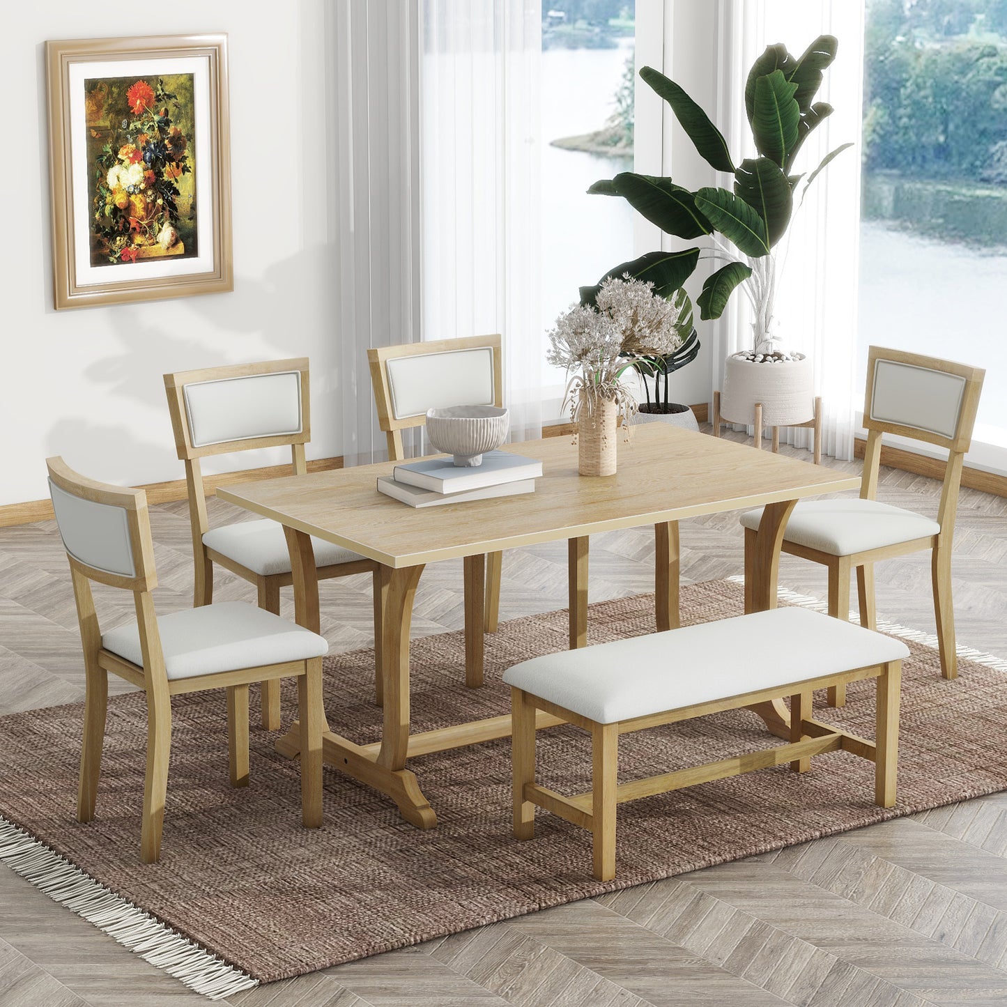 Farmhouse 6-Piece Trestle Dining Table Set with Upholstered Dining Chairs and Bench, 59inch, Brown