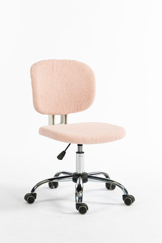 Teddy Velvet Makeup Pink Office Desk Chair Bling Desk, Armless Vanity Desk Task Chair with Wheels 360°,Bling Desk Nail Desk for Women, Adjustable Height