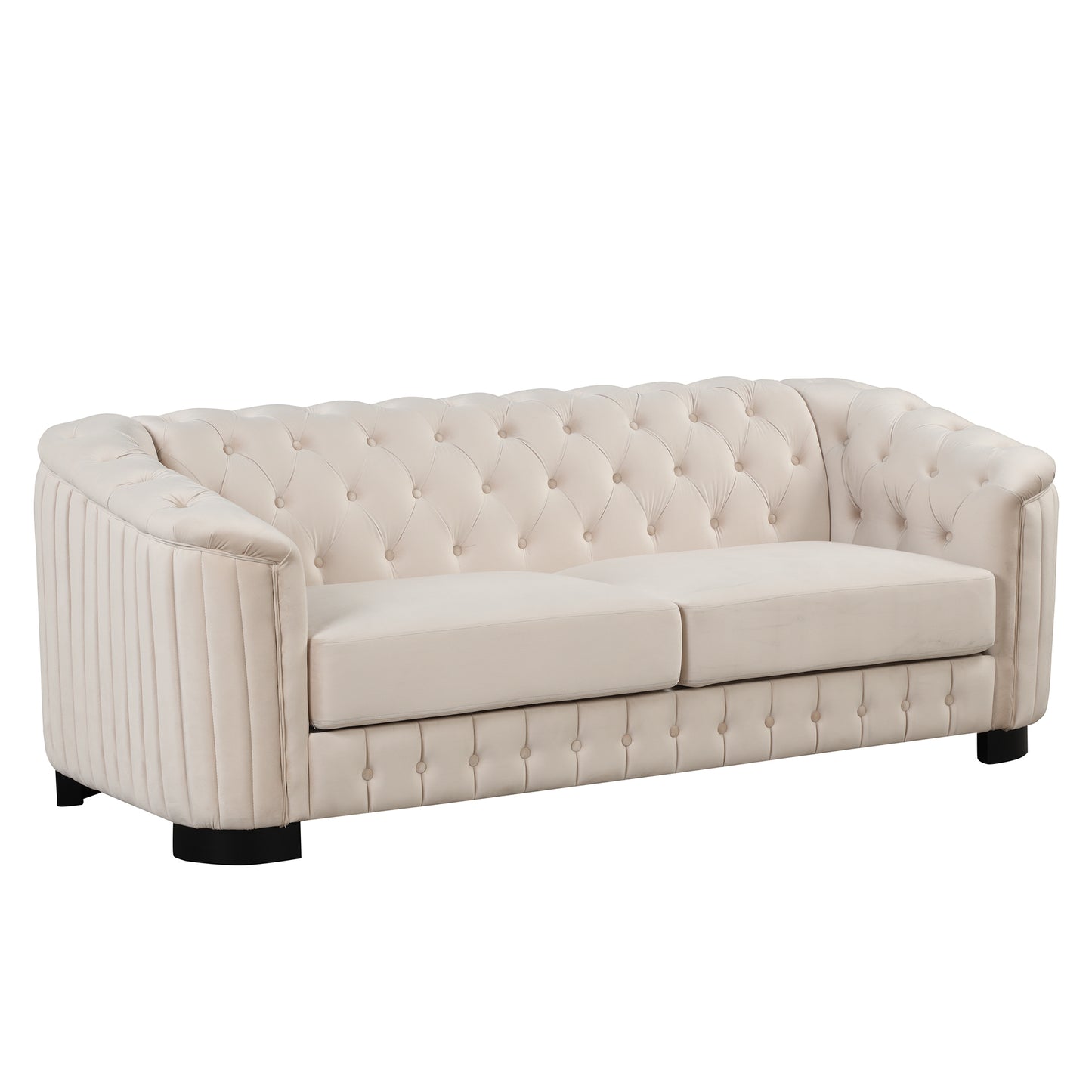 82-Inch Beige Velvet Upholstered Mid Century Modern 3-Seater Sofa with Rubber Wood Legs