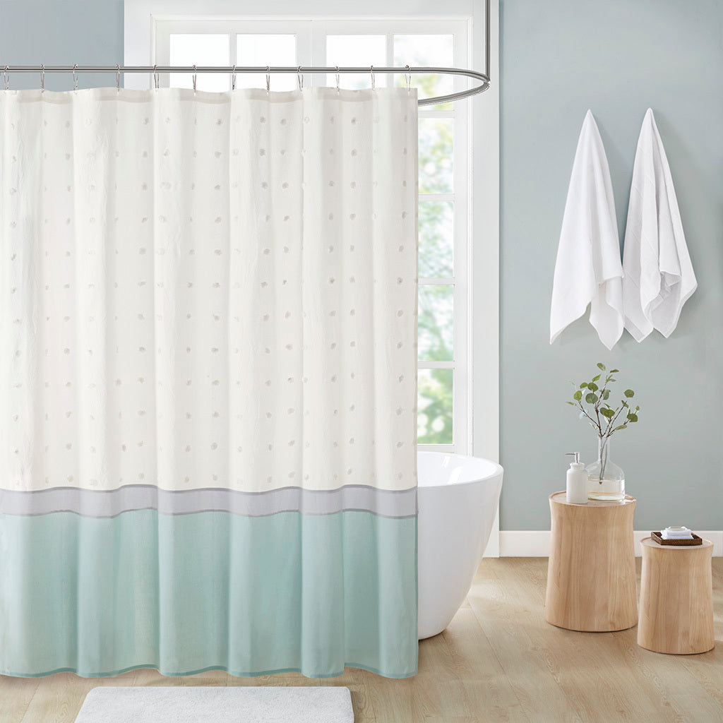 Textured Cotton Jacquard Shower Curtain with Clipped Dots