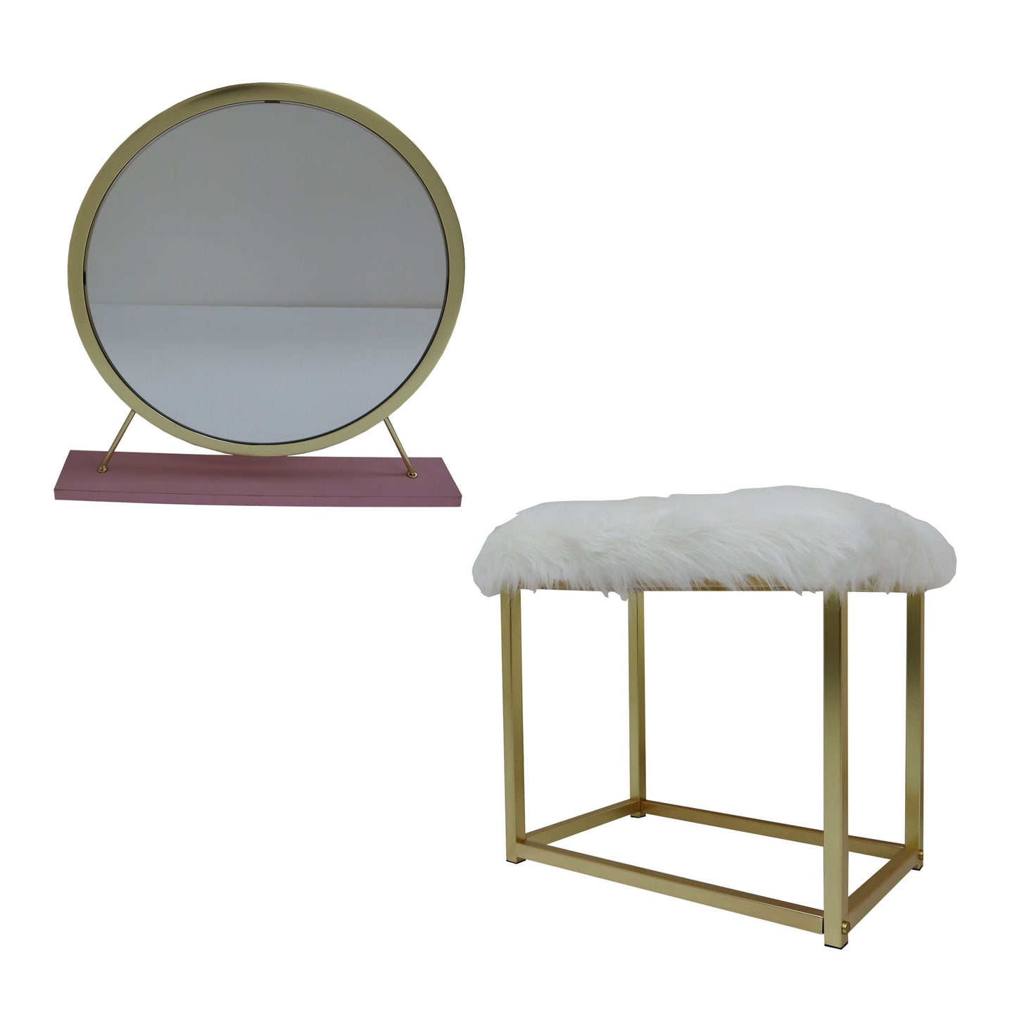 Adao Vanity Mirror & Stool, Faux Fur, Mirror, Pink & Gold Finish AC00934