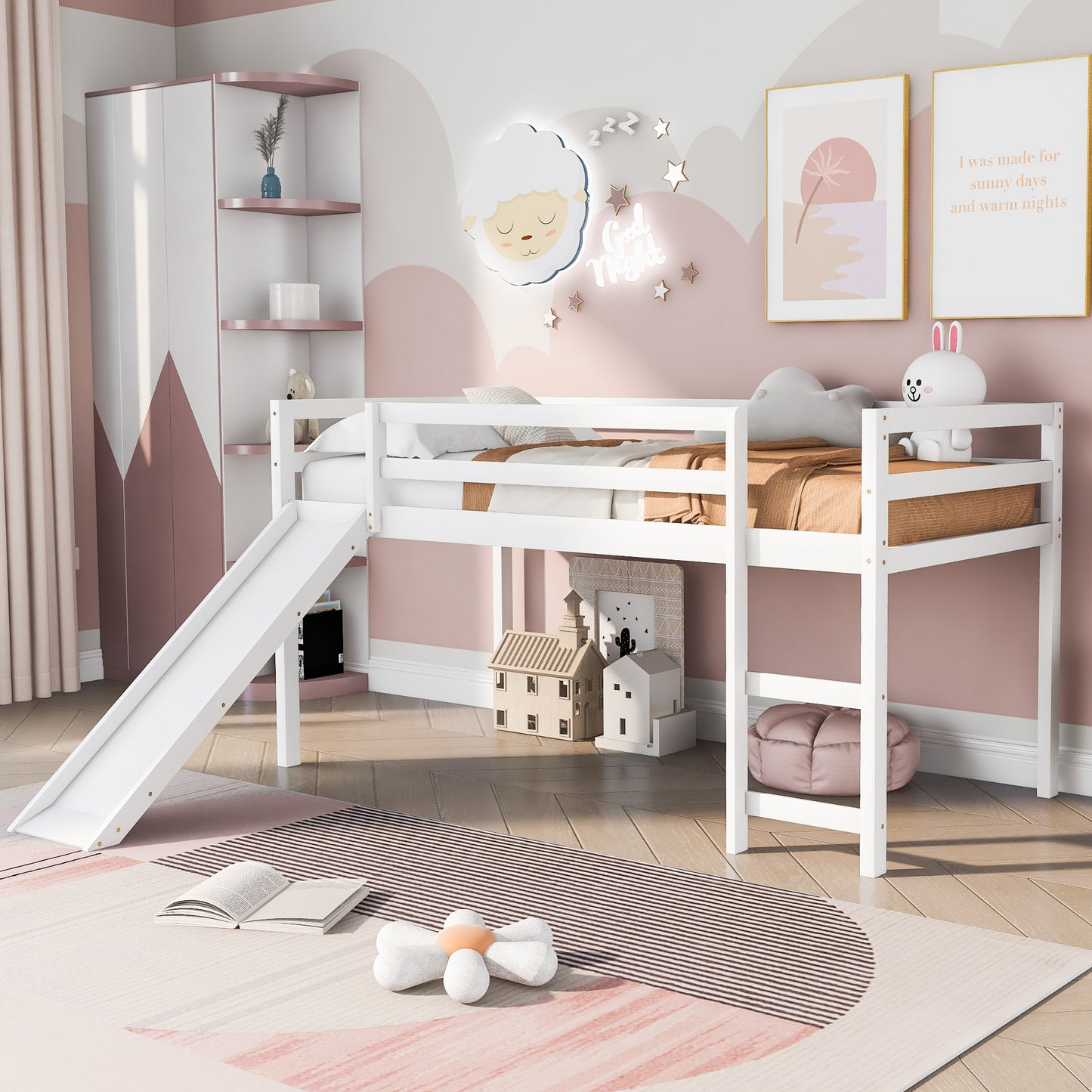 Loft Bed with Slide, Multifunctional Design, Twin (White)(: WF191904AAK)