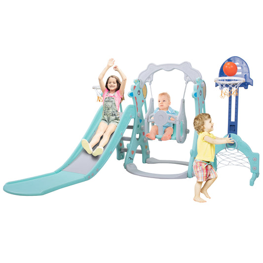 5-in-1 Toddler Slide and Swing Playground Set with Basketball Hoops, Football, and Ringtoss - Indoor and Outdoor Use