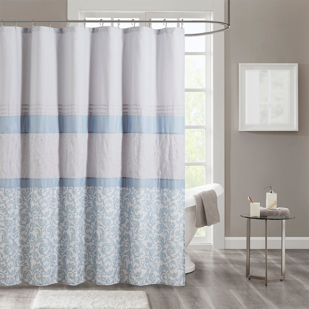 Ramsey Blue Printed and Embroidered Bathroom Shower Curtain