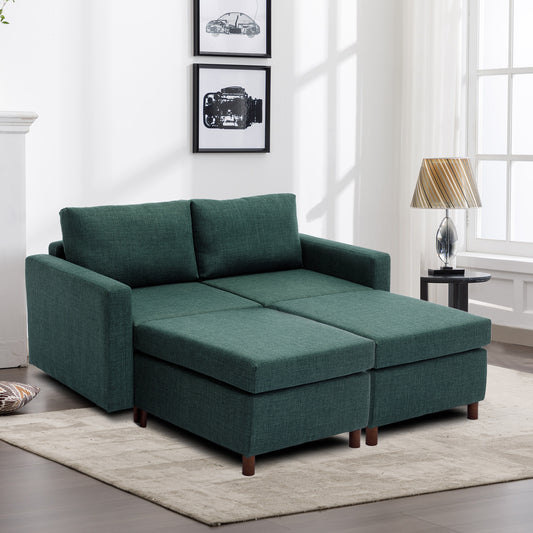 2-Seater Modular Sectional Sofa Set with 2 Ottoman, Non-Removable Cushions, Green