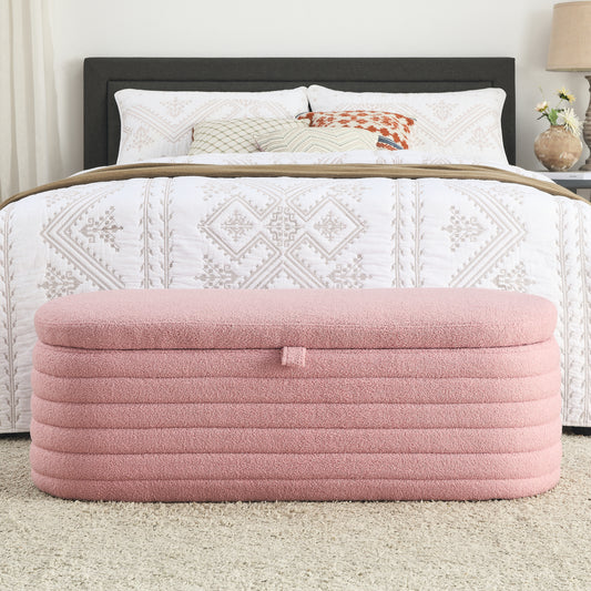 [Video] Welike Length 45.5 inchesStorage Ottoman Bench Upholstered Fabric Storage Bench End of Bed Stool with Safety Hinge for Bedroom, Living Room, Entryway, pink teddy.