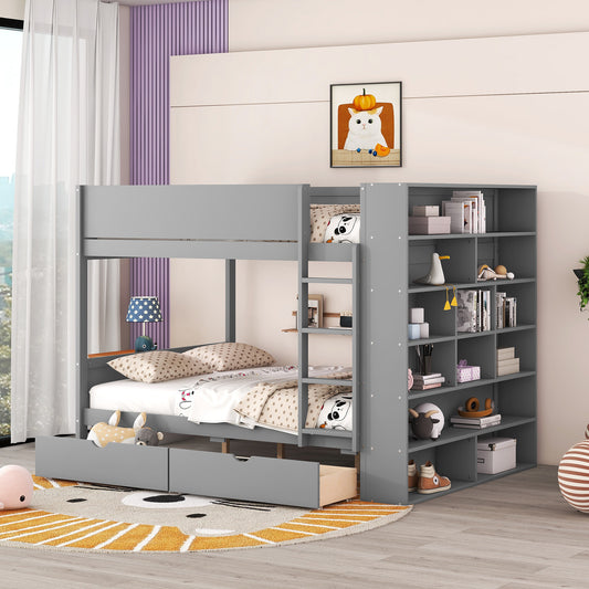 Gray Full over Full Bunk Bed with Storage Drawers and Cabinet for Kids