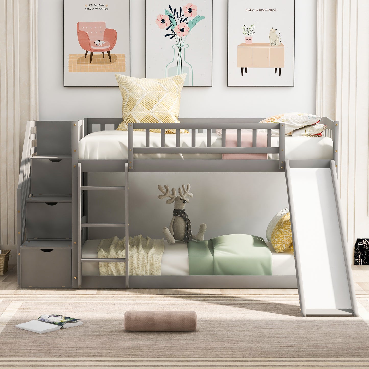 Stairway Twin Bunk Bed with Slide, Drawers, and Gray Finish