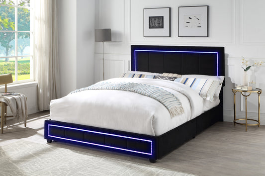 Upholstered Queen Size Platform Bed with LED Lights, Storage Bed with 4 Drawers, Black color fabric