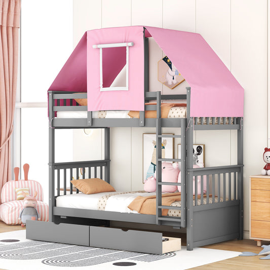 Gray and Pink Twin Over Twin Bunk Bed with Tent and Drawers for a Playful Bedroom Environment