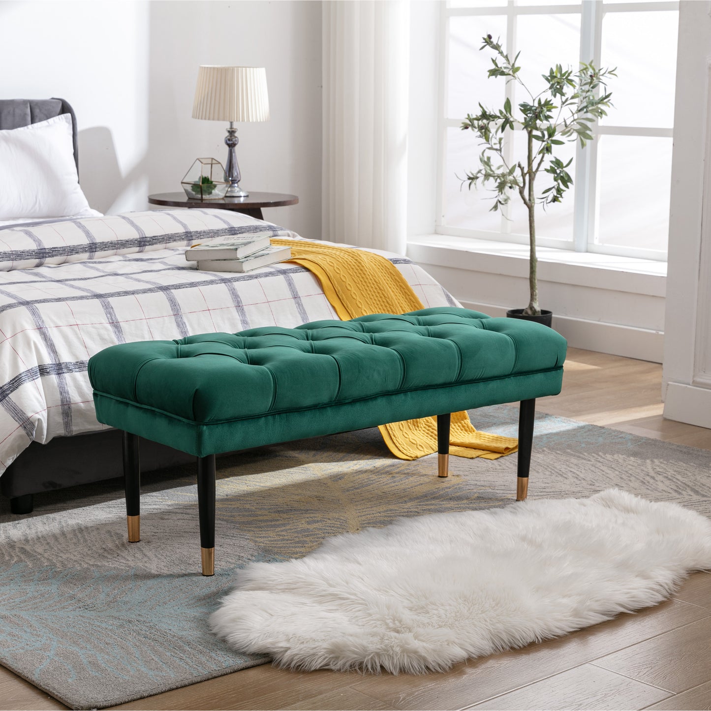 Tufted Bench Modern Velvet Button Upholstered Ottoman enches Bedroom Rectangle Fabric Footstool with Metal Legs for Living Room Entryway,Green