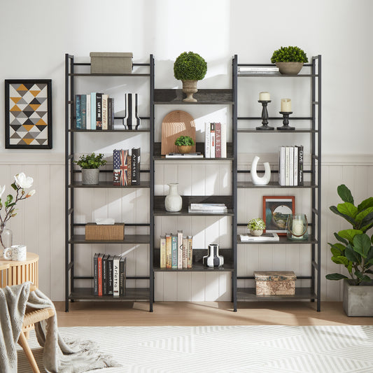 Triple Wide 5-shelf Bookshelves Industrial Retro Wooden Style Home and Office Large Open Bookshelves, Dark Grey, 69.3’’W x 11.8’’D x 70.1’’H