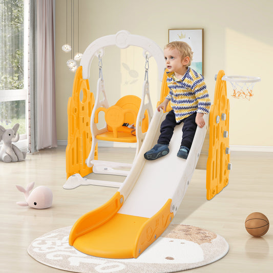 4 in 1 Toddler Playground Climber Slide and Swing Set with Basketball Hoop