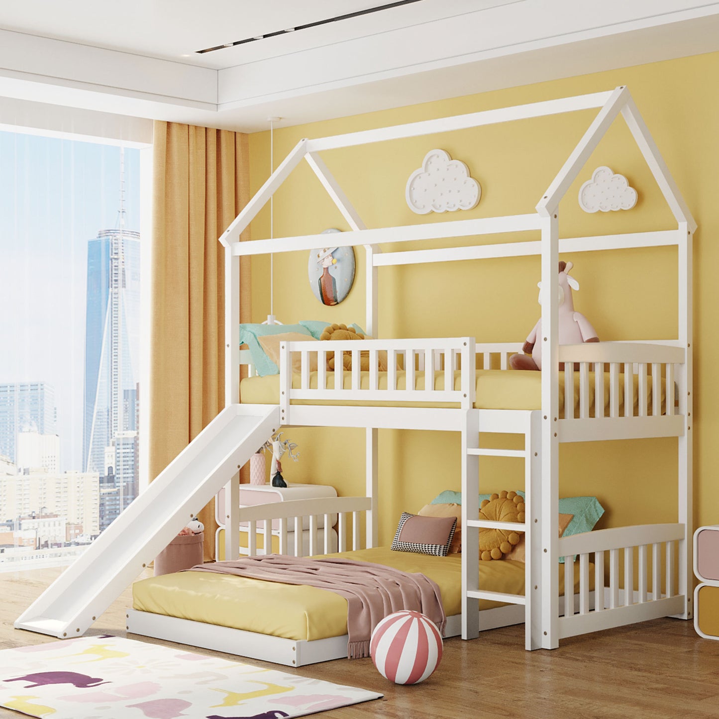 White Twin Over Twin Bunk Bed with Slide and Playhouse