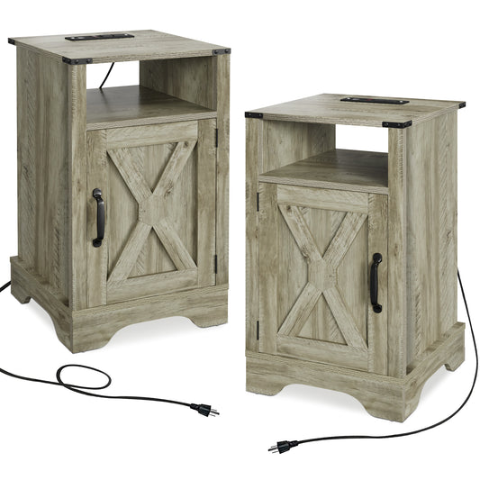 Farmhouse Nightstand Side Table, Wooden Rustic End Table, Tall Bedside Table with Electrical Outlets Charging Station  (2 Sets) - Light Gray