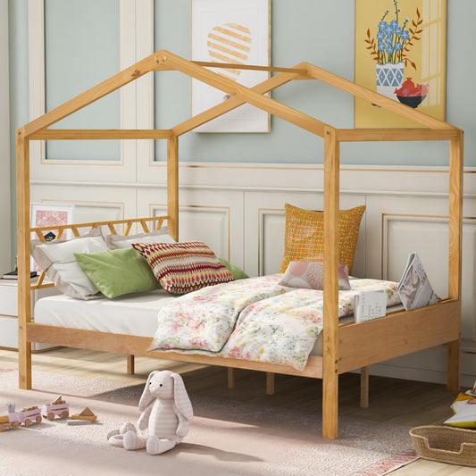 Full Size Wood House Bed with Storage Space, Natural