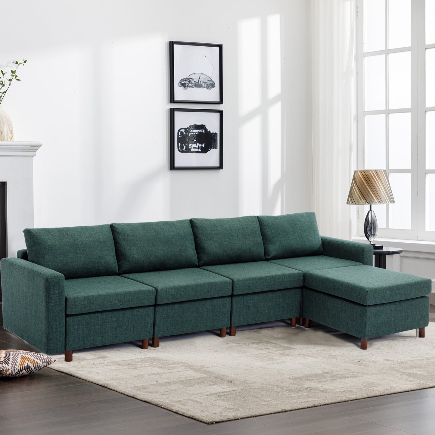 Modern 4 Seat Module Sectional Linen Sofa Set with Ottoman, Green