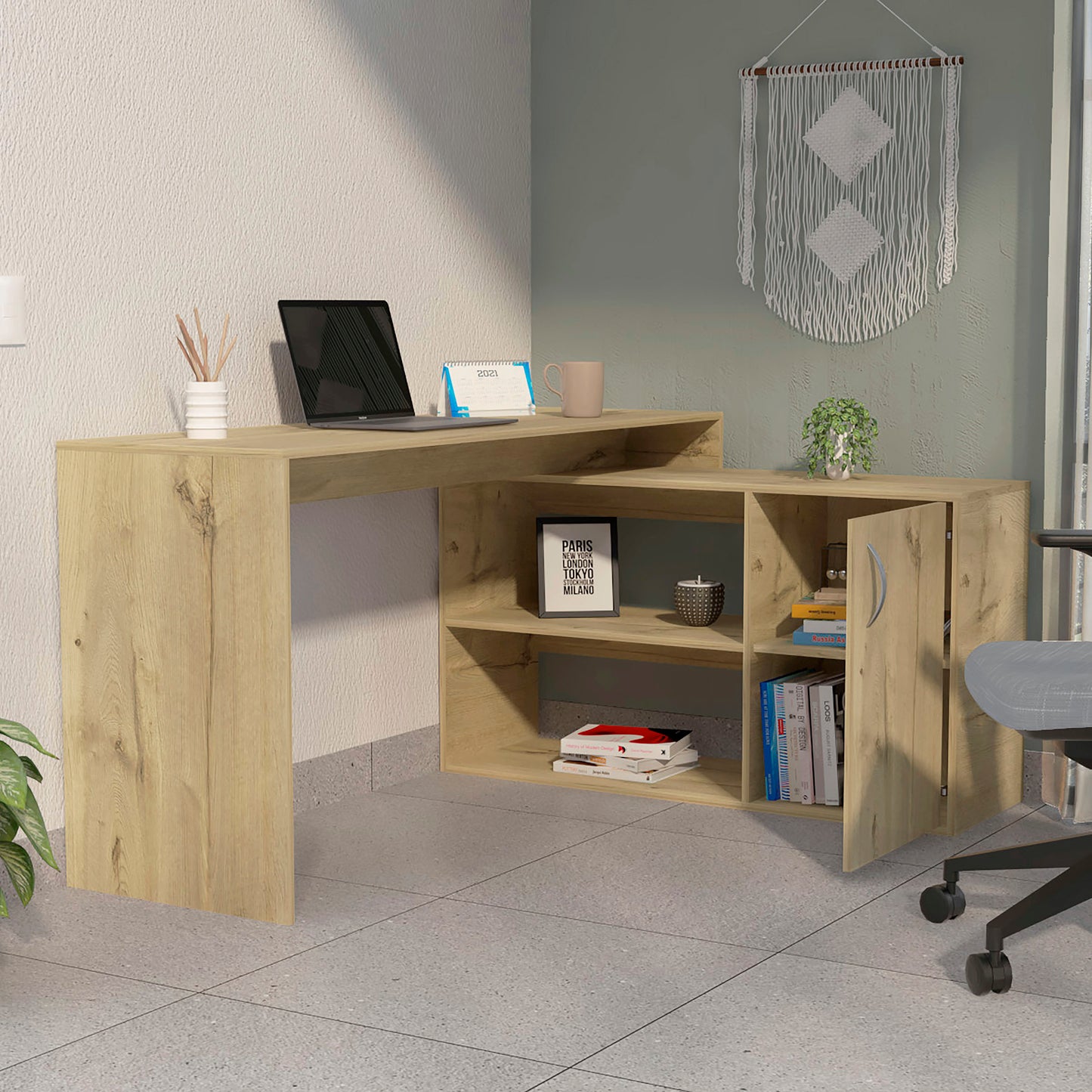 Lyncliff Light Oak L-Shaped Office Desk with Drawer, Shelves, and Storage