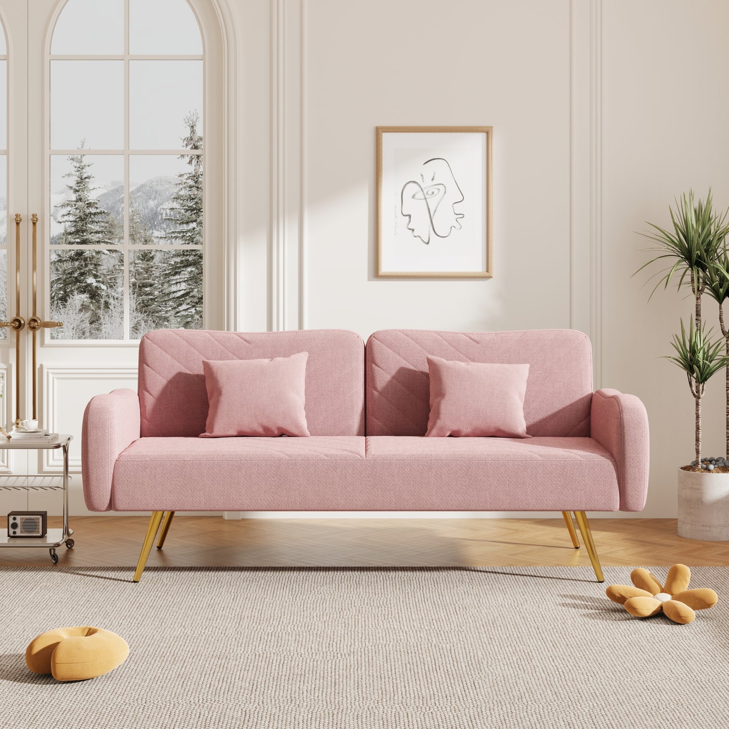 Pink Fabric Double Sofa with Adjustable Split Backrest and Two Throw Pillows