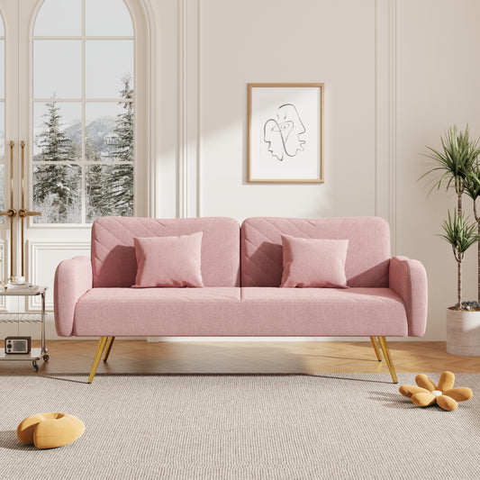 Pink Fabric Double Sofa with Adjustable Split Backrest and Two Throw Pillows