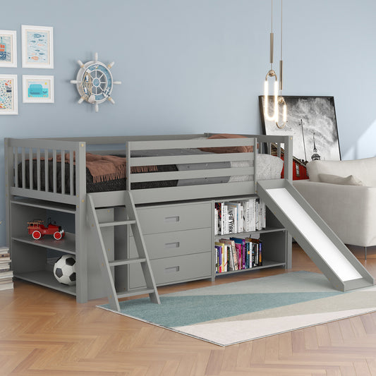 Low Loft Bed with Attached Bookcases and Separate 3-tier Drawers,Convertible Ladder and Slide,Twin,Gray