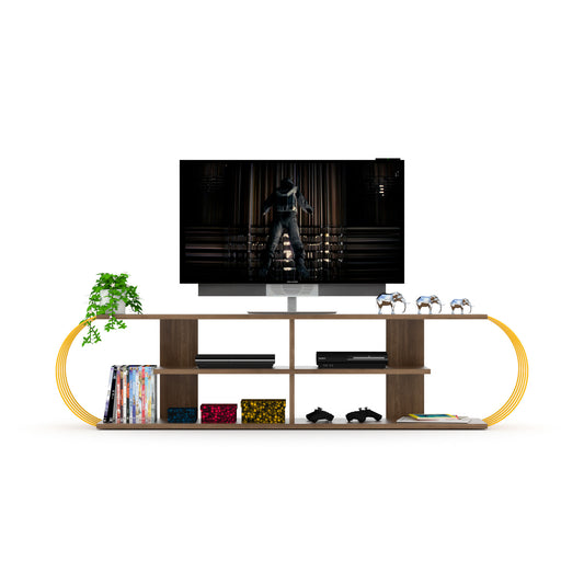 FurnisHome Store Walnut and Yellow Mid Century Modern TV Stand with 4 Open Shelves