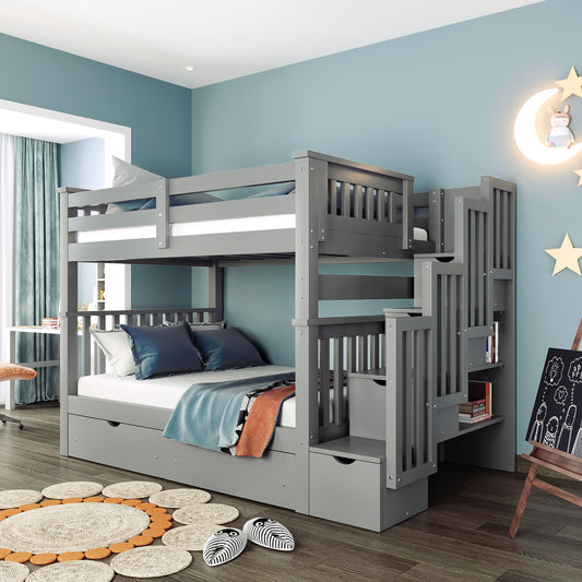 Gray Full Over Full Bunk Bed with Storage Drawers and Shelving