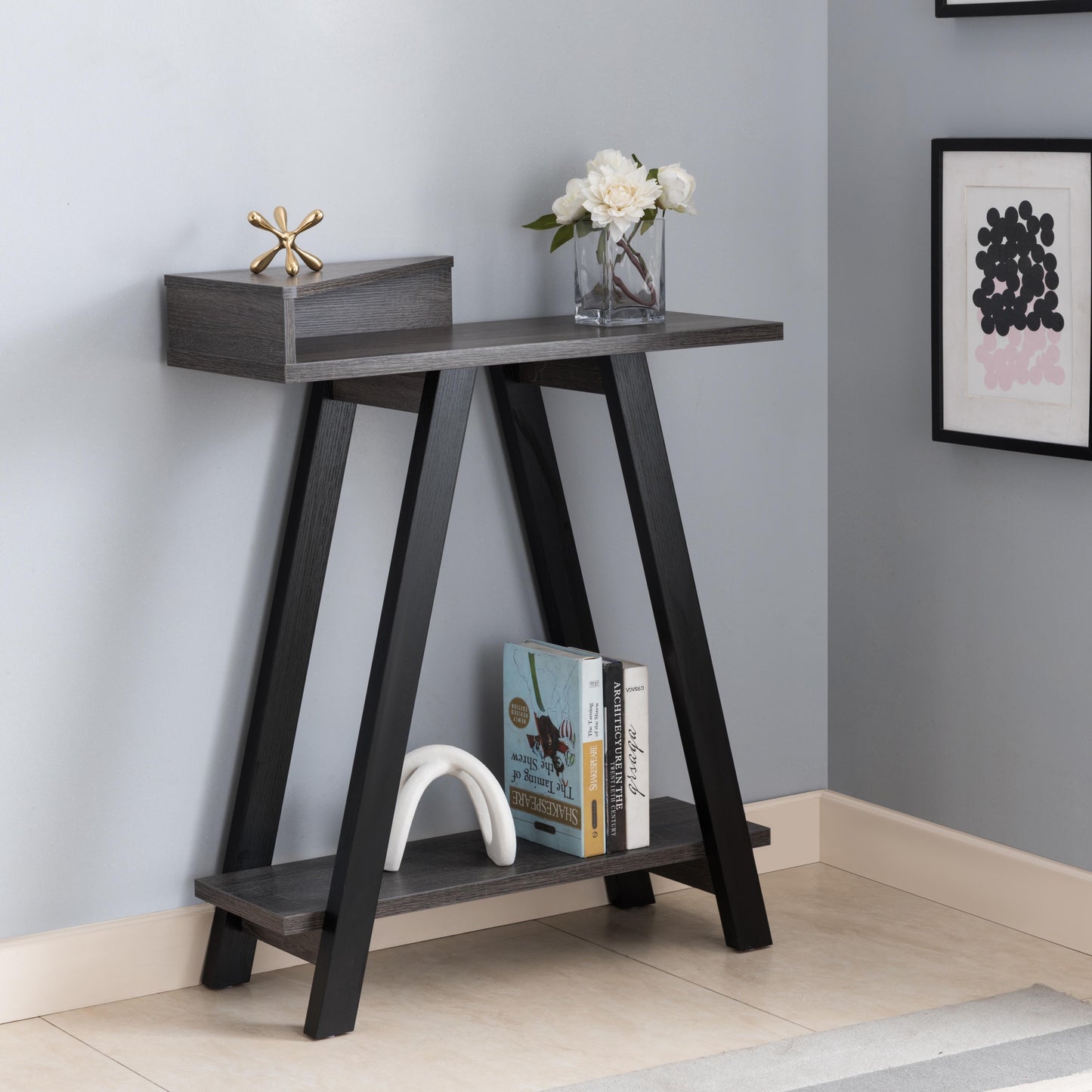 Grey & Black Distressed Console Table with Unique A-Shaped Legs