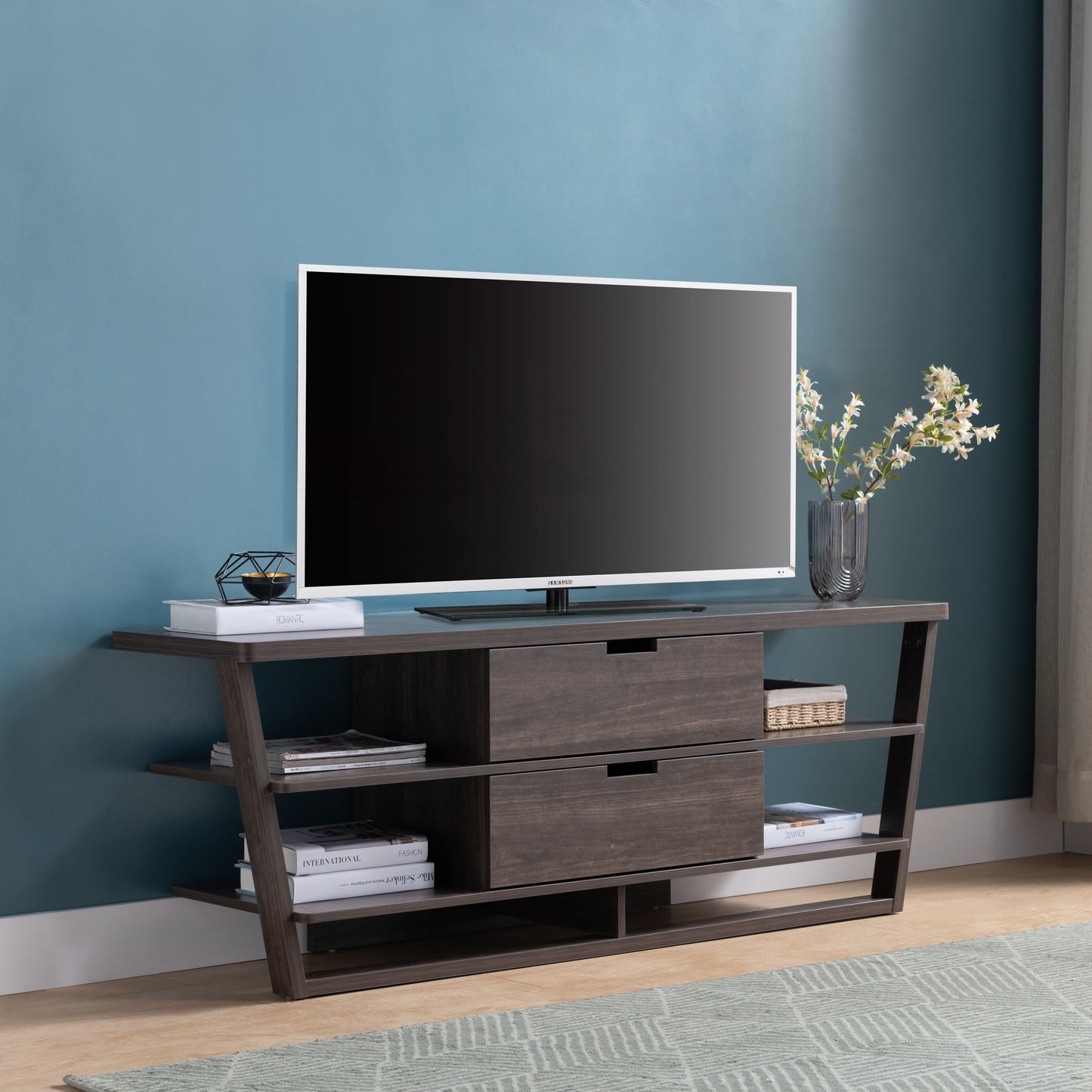 Modern Brown Walnut TV Stand with Open Shelves and Drawers