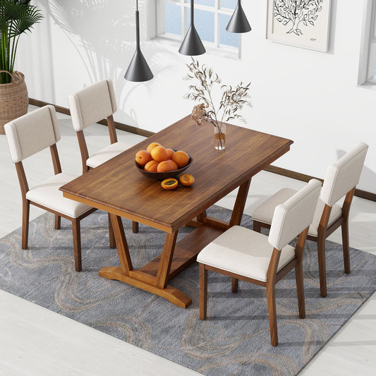 Rustic 5-piece Dining Table Set with 4 Upholstered Chairs, 59-inch Rectangular Dining Table with Trestle Table Base, Walnut