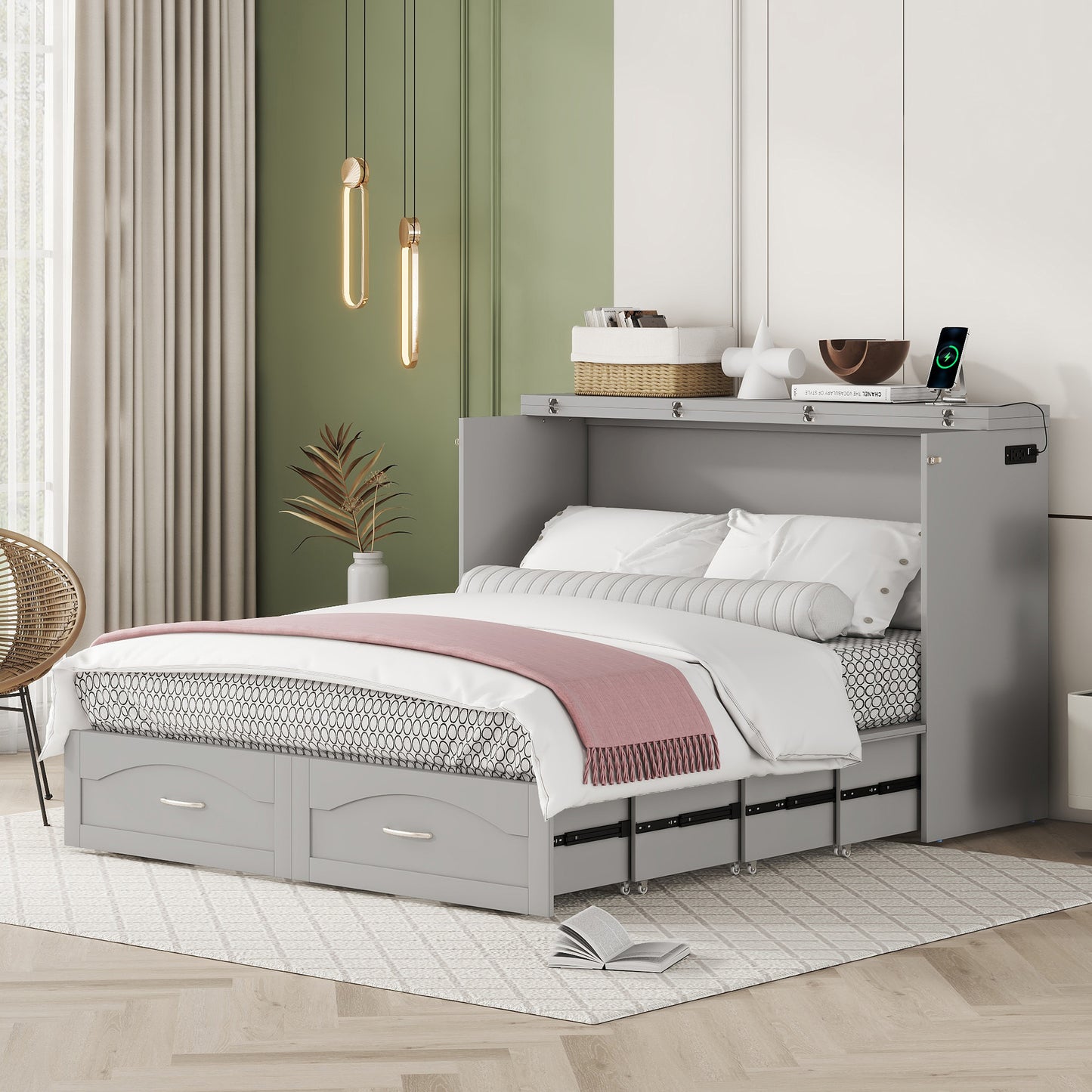 Queen Size Murphy Bed Wall Bed with drawer and a set of Sockets & USB Ports, Pulley Structure Design, Gray