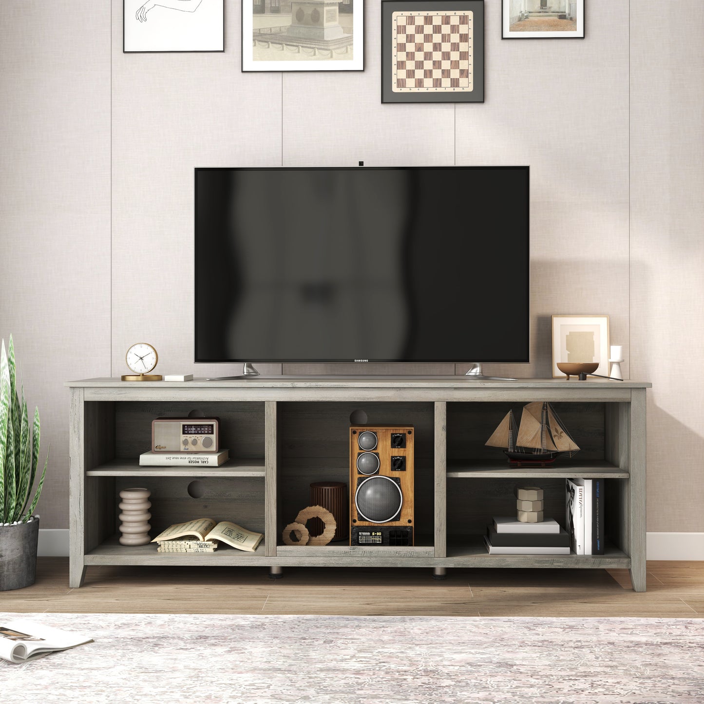 Versatile Industrial Style TV Stand with Spacious Open Storage - Grey Walnut