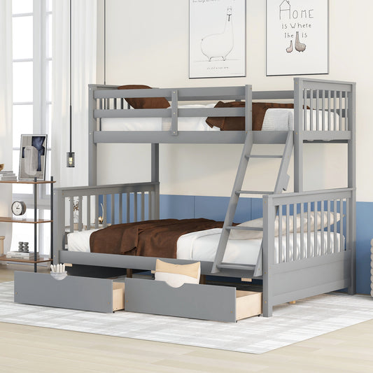 Gray Twin/Full Bunk Bed with Ladders and Storage Drawers