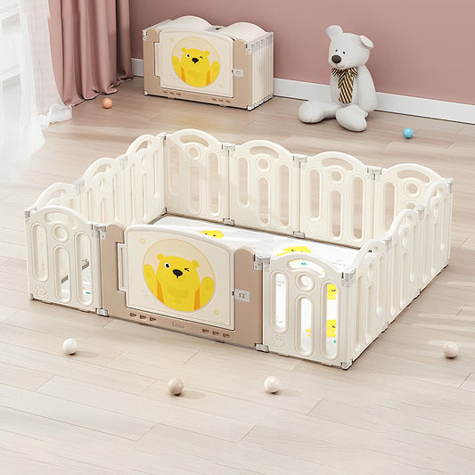 Bear Beige white  Color Foldable Playpen, Baby Safety Play Yard With Fence Indoor Toys With Play mat 12panel and 1 play mat