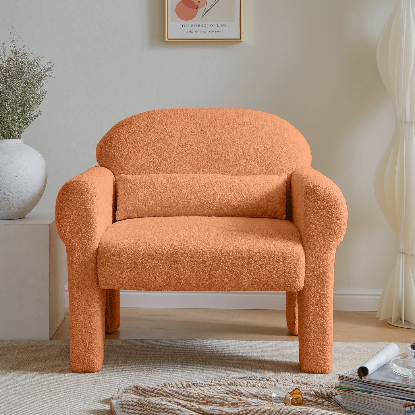 Modern teddy fabric accent chair with lumbar pillow for living room