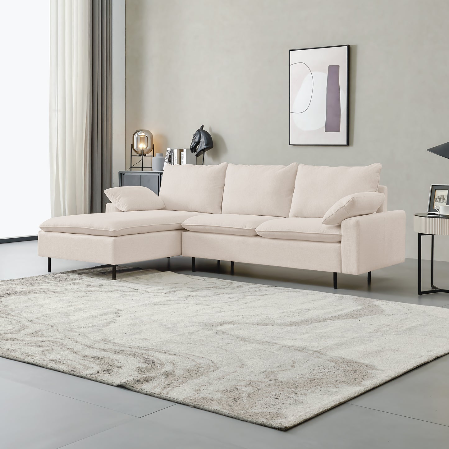 L-Shaped linen sectional sofa with right chaise(left-facing chaise),Beige